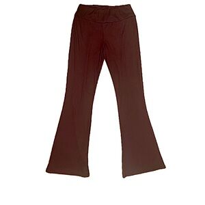 Pink Rose Ribbed Stretch Bellbottom Pants in Burgundy